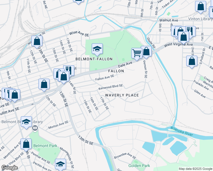 map of restaurants, bars, coffee shops, grocery stores, and more near 1810 Kenwood Boulevard Southeast in Roanoke