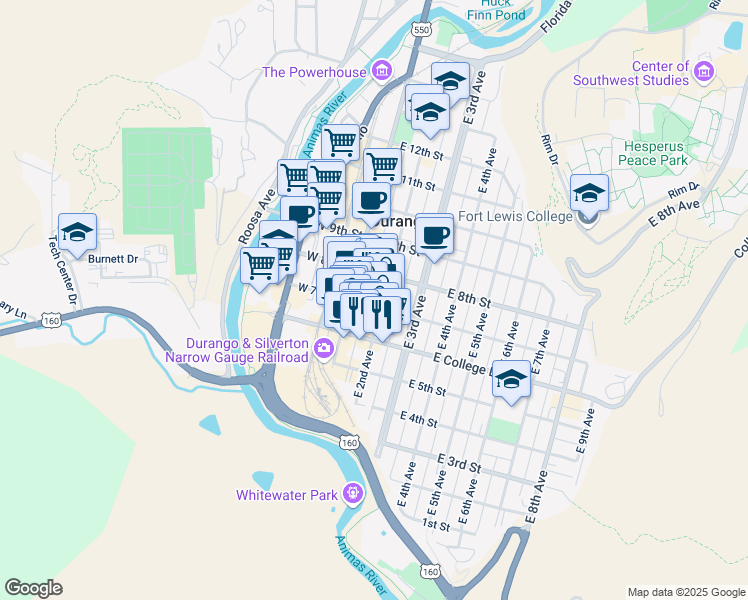 map of restaurants, bars, coffee shops, grocery stores, and more near 640 East 2nd Avenue in Durango