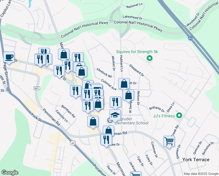 map of restaurants, bars, coffee shops, grocery stores, and more near 701 Colonial Avenue in Williamsburg