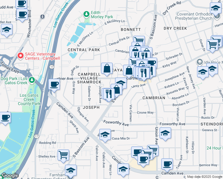 map of restaurants, bars, coffee shops, grocery stores, and more near 2726 Montavo Place in Campbell