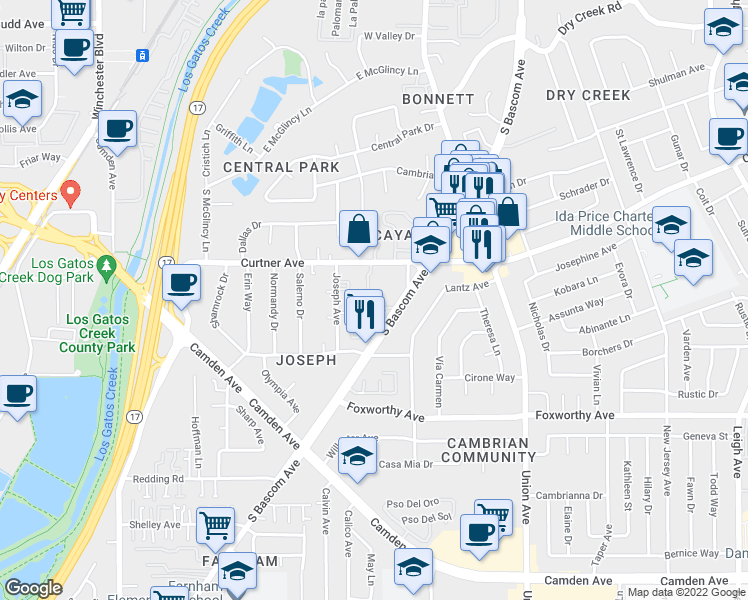 map of restaurants, bars, coffee shops, grocery stores, and more near 2785 South Bascom Avenue in San Jose