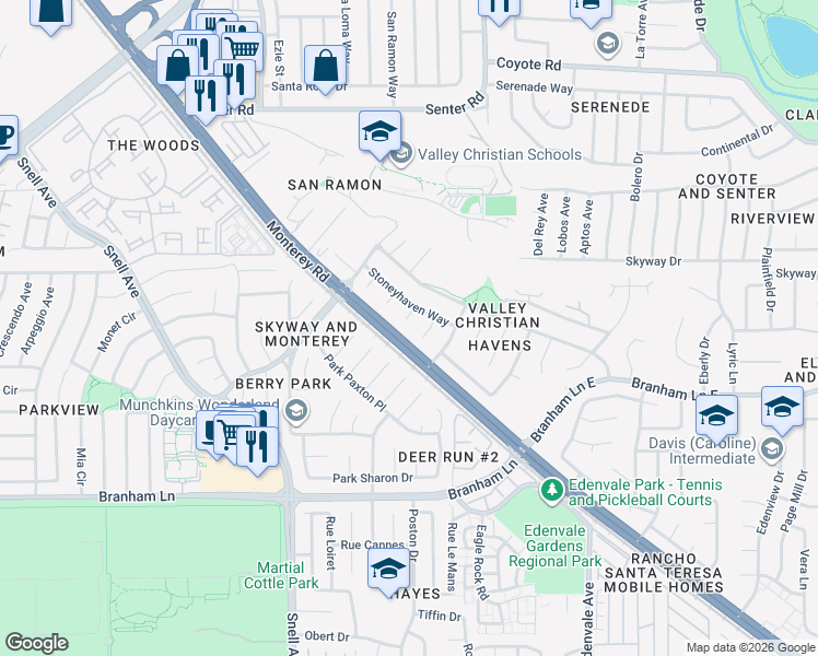 map of restaurants, bars, coffee shops, grocery stores, and more near 46 Chapelhaven Court in San Jose