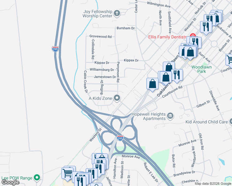 map of restaurants, bars, coffee shops, grocery stores, and more near 3810 Yorktown Drive in Hopewell