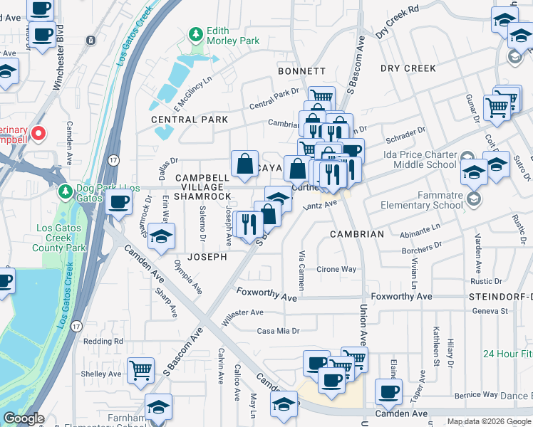 map of restaurants, bars, coffee shops, grocery stores, and more near 2785 South Bascom Avenue in San Jose