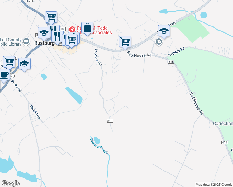 map of restaurants, bars, coffee shops, grocery stores, and more near 118 Pine Needle Lane in Rustburg