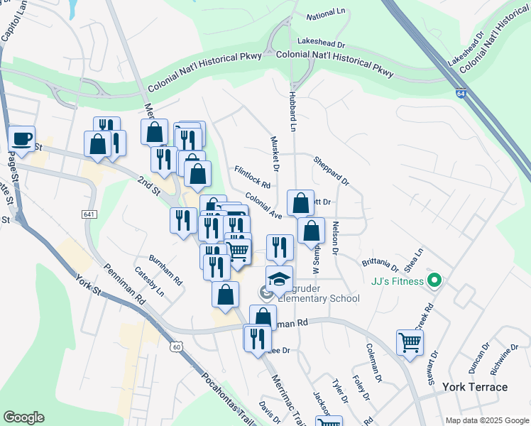 map of restaurants, bars, coffee shops, grocery stores, and more near 701 Colonial Avenue in Williamsburg