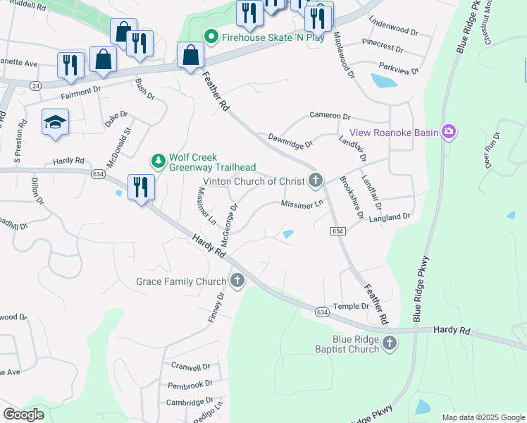 map of restaurants, bars, coffee shops, grocery stores, and more near 324 Missimer Ln in Vinton