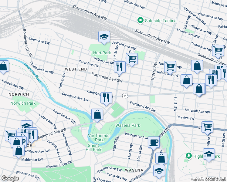 map of restaurants, bars, coffee shops, grocery stores, and more near 414 13th Street Southwest in Roanoke