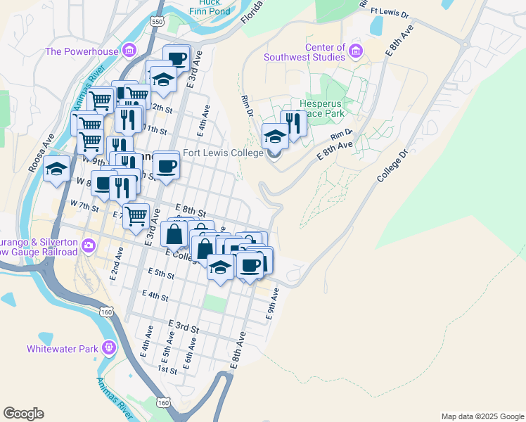 map of restaurants, bars, coffee shops, grocery stores, and more near 1 Jackson Place in Durango
