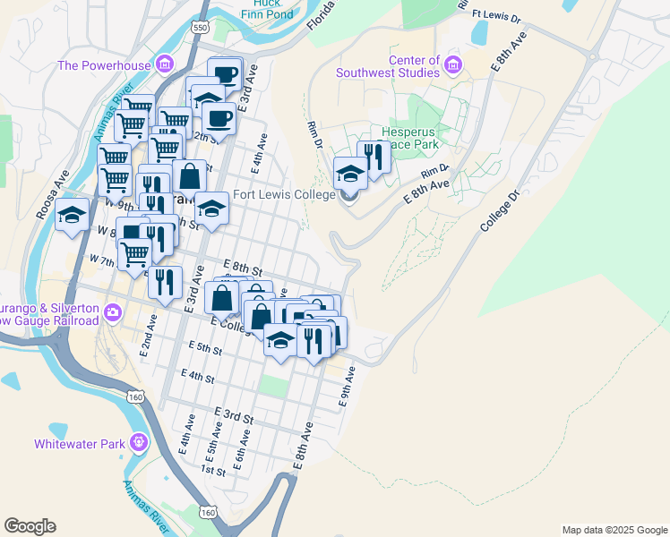 map of restaurants, bars, coffee shops, grocery stores, and more near 1 Jackson Place in Durango