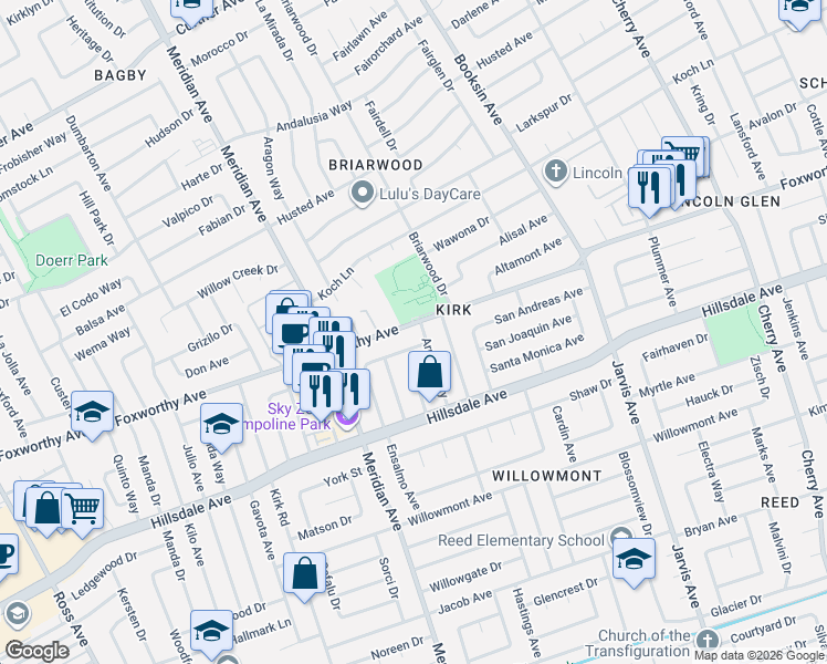 map of restaurants, bars, coffee shops, grocery stores, and more near 1601 Foxworthy Avenue in San Jose