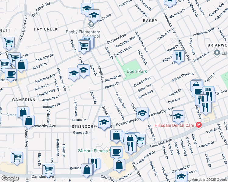 map of restaurants, bars, coffee shops, grocery stores, and more near 1830 Potrero Drive in San Jose