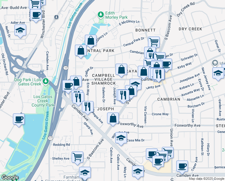 map of restaurants, bars, coffee shops, grocery stores, and more near in San Jose