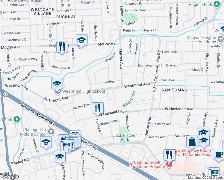 map of restaurants, bars, coffee shops, grocery stores, and more near 1596 Adrien Drive in Campbell