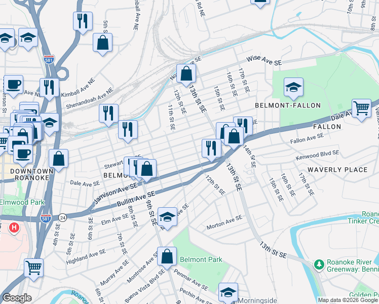 map of restaurants, bars, coffee shops, grocery stores, and more near 1143 Stewart Avenue Southeast in Roanoke