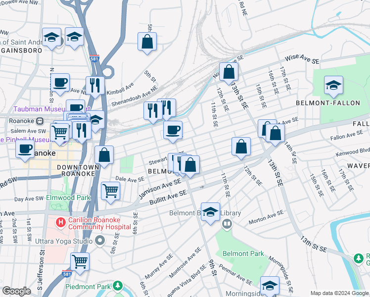 map of restaurants, bars, coffee shops, grocery stores, and more near 906 Tazewell Avenue Southeast in Roanoke