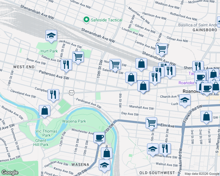 map of restaurants, bars, coffee shops, grocery stores, and more near 347-399 9th Street Southwest in Roanoke