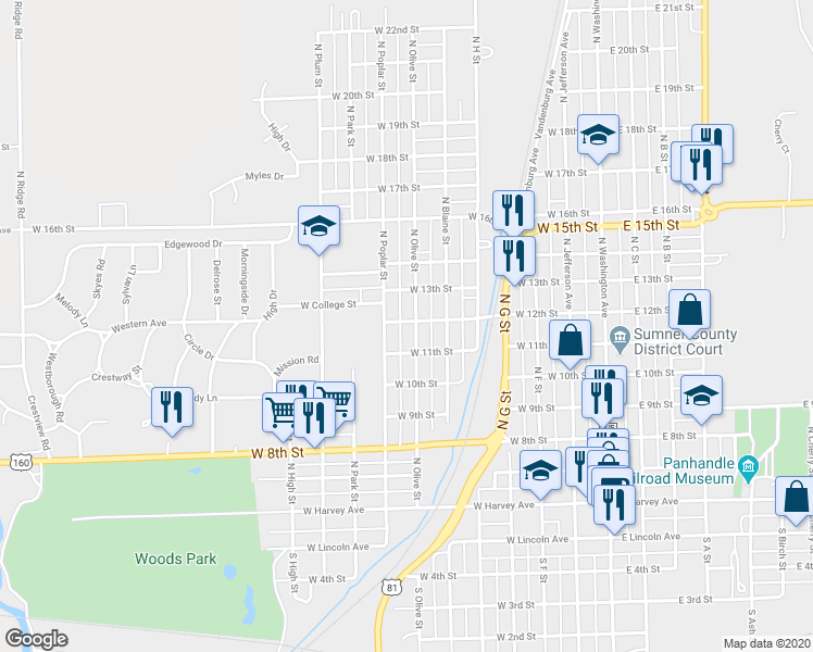 map of restaurants, bars, coffee shops, grocery stores, and more near 622 North Olive Street in Wellington