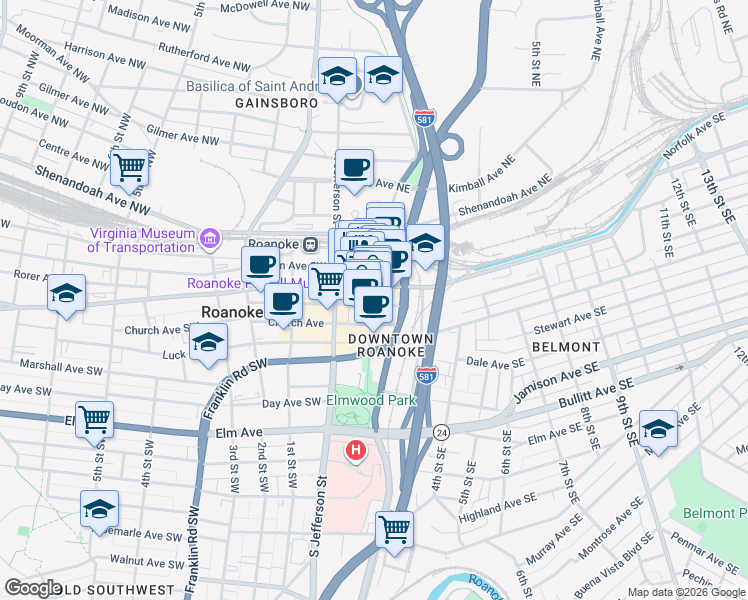 map of restaurants, bars, coffee shops, grocery stores, and more near 24 Campbell Avenue Southeast in Roanoke