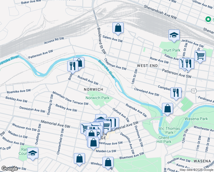 map of restaurants, bars, coffee shops, grocery stores, and more near 618 Ashlawn Street Southwest in Roanoke