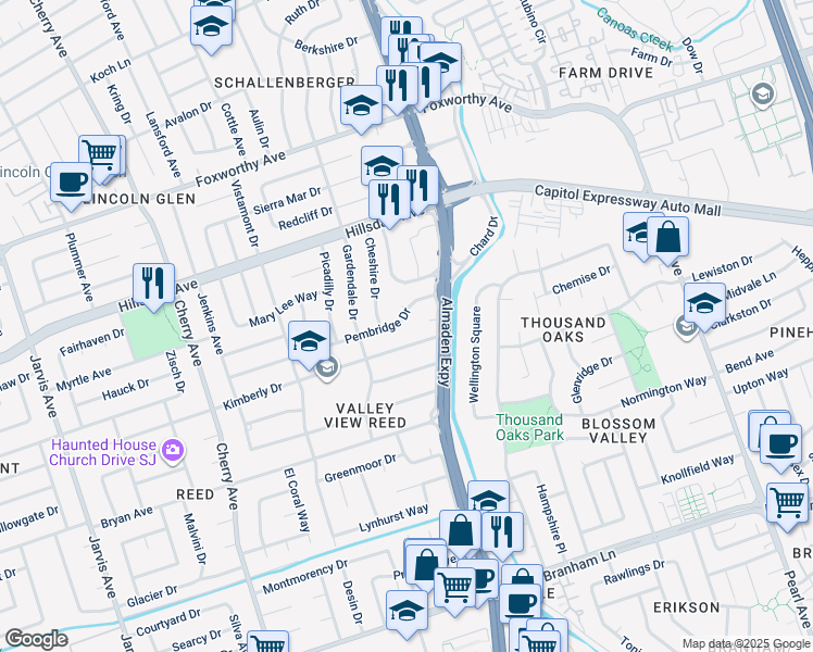 map of restaurants, bars, coffee shops, grocery stores, and more near 1158 Pembridge Drive in San Jose