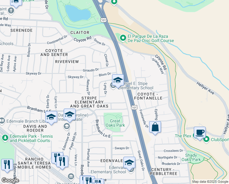 map of restaurants, bars, coffee shops, grocery stores, and more near 5000 Lyng Drive in San Jose