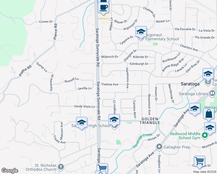 map of restaurants, bars, coffee shops, grocery stores, and more near 20410 Thelma Avenue in Saratoga