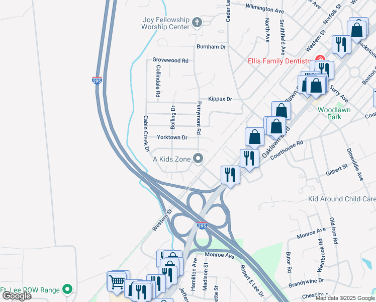 map of restaurants, bars, coffee shops, grocery stores, and more near 3908 Gloucester Drive in Hopewell