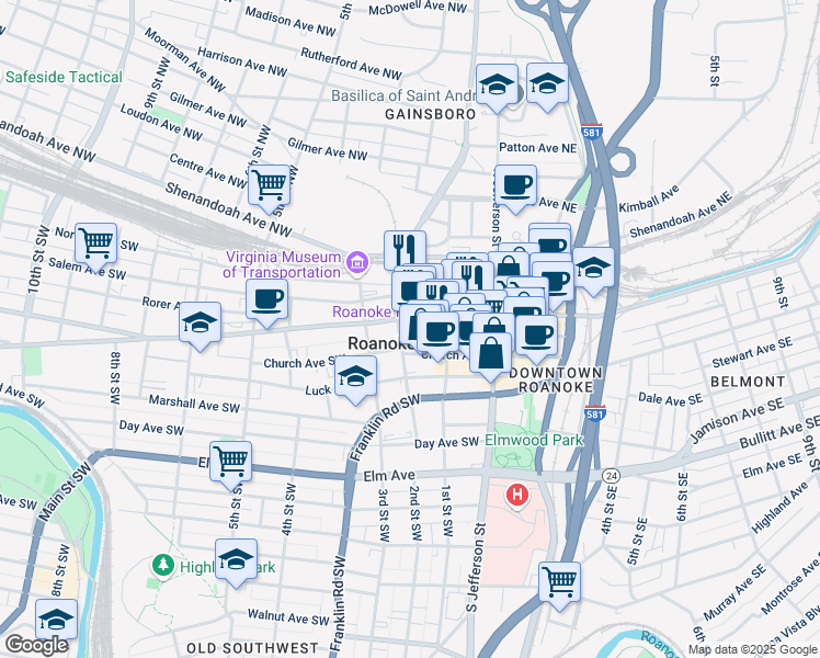 map of restaurants, bars, coffee shops, grocery stores, and more near 145 Campbell Avenue Southwest in Roanoke