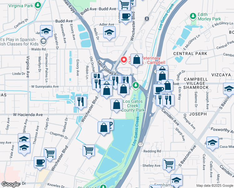 map of restaurants, bars, coffee shops, grocery stores, and more near 155 East Sunnyoaks Avenue in Campbell