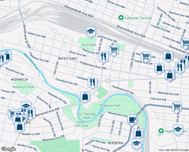 map of restaurants, bars, coffee shops, grocery stores, and more near 1324 Chapman Avenue Southwest in Roanoke