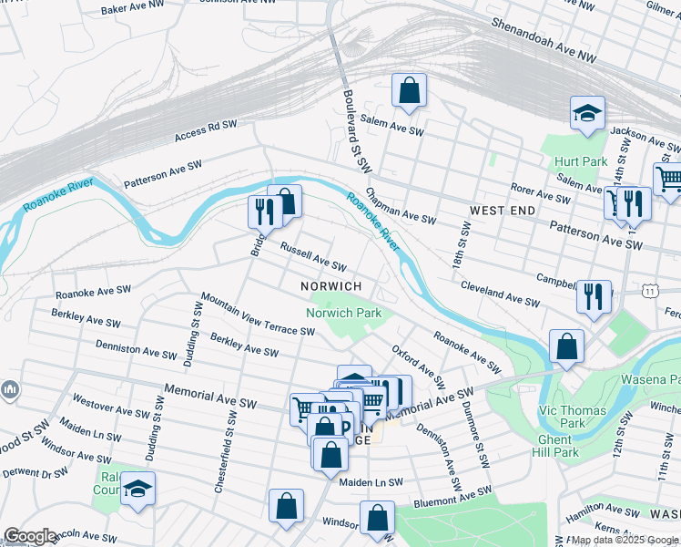 map of restaurants, bars, coffee shops, grocery stores, and more near 2114 Russell Avenue Southwest in Roanoke