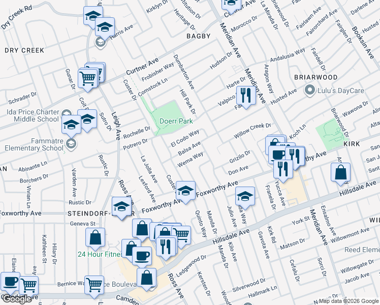 map of restaurants, bars, coffee shops, grocery stores, and more near 1770 Balsa Avenue in San Jose