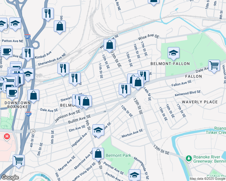 map of restaurants, bars, coffee shops, grocery stores, and more near 1143 Stewart Avenue Southeast in Roanoke