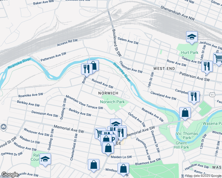map of restaurants, bars, coffee shops, grocery stores, and more near 2114 Russell Avenue Southwest in Roanoke