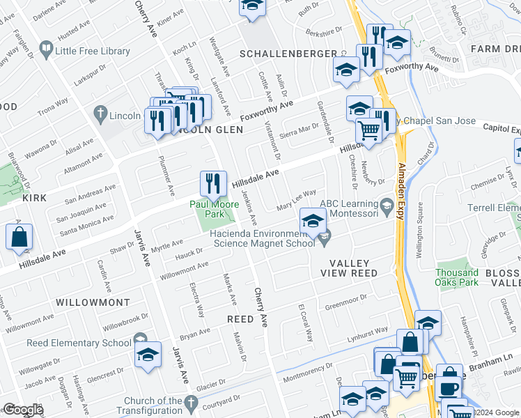 map of restaurants, bars, coffee shops, grocery stores, and more near 3283 Woodcrest Drive in San Jose