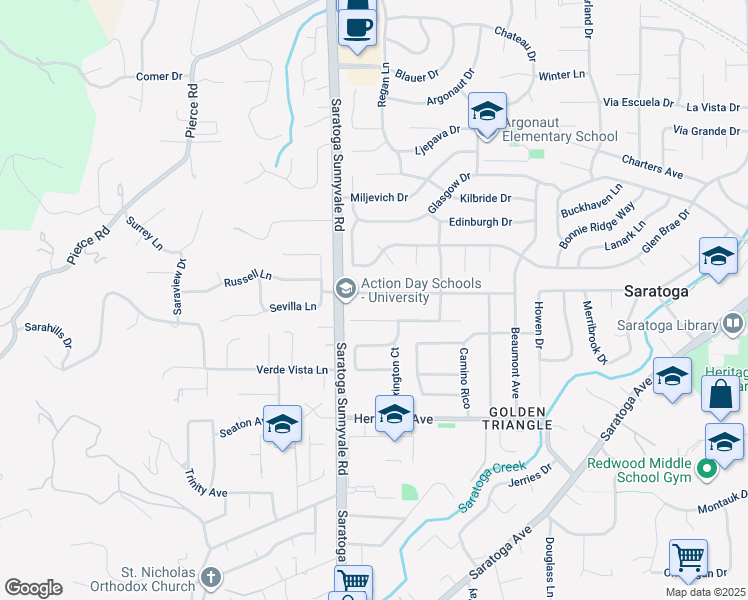 map of restaurants, bars, coffee shops, grocery stores, and more near 20410 Thelma Avenue in Saratoga