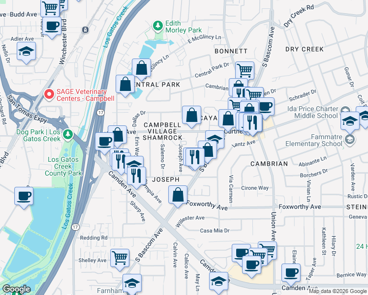map of restaurants, bars, coffee shops, grocery stores, and more near 2772 Joseph Avenue in Campbell