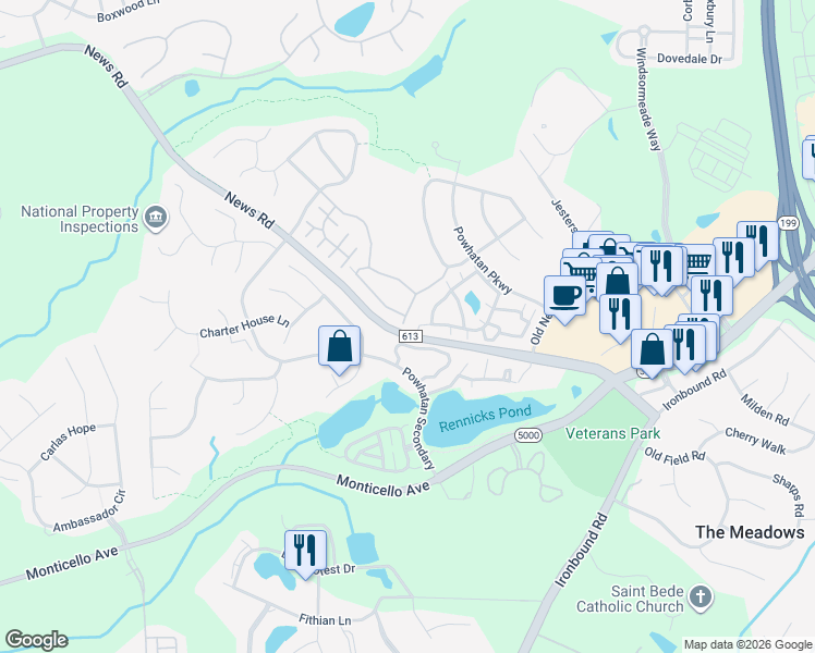 map of restaurants, bars, coffee shops, grocery stores, and more near 1924 Carriage House Way in Williamsburg