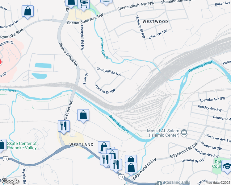 map of restaurants, bars, coffee shops, grocery stores, and more near 102 Frances Drive Northwest in Roanoke