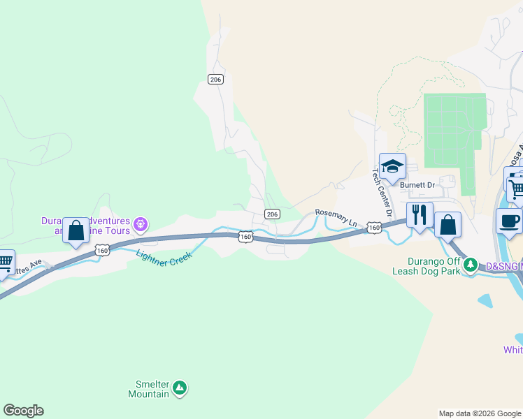 map of restaurants, bars, coffee shops, grocery stores, and more near 60 Westwood Place in Durango