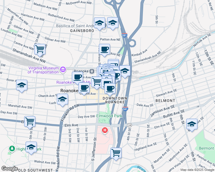 map of restaurants, bars, coffee shops, grocery stores, and more near 1 Market Square Southeast in Roanoke