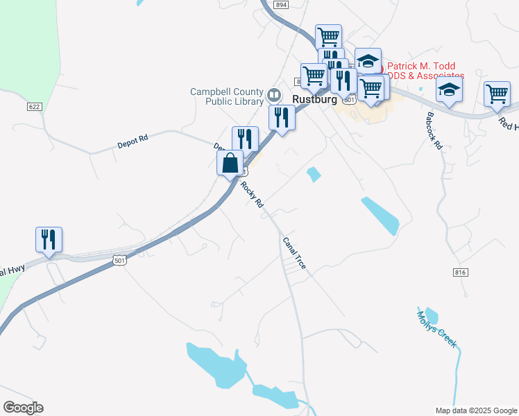 map of restaurants, bars, coffee shops, grocery stores, and more near 129 Rocky Road in Rustburg