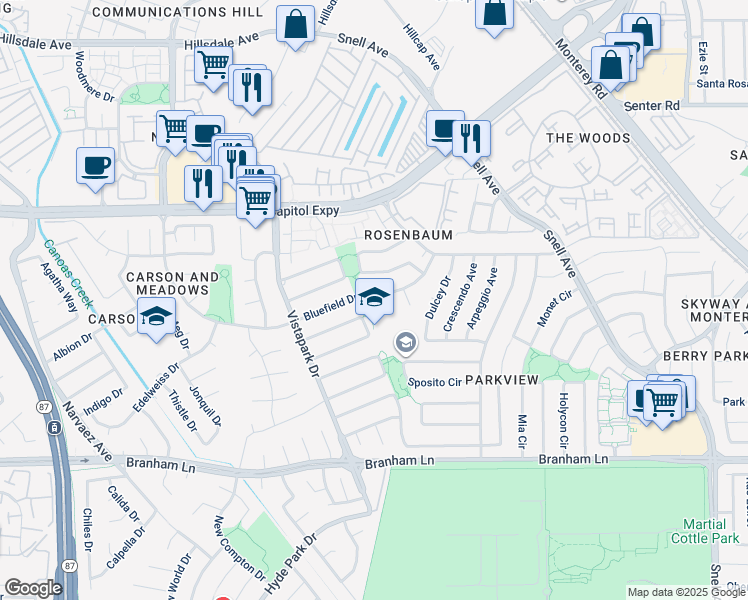 map of restaurants, bars, coffee shops, grocery stores, and more near 330 Bluefield Drive in San Jose