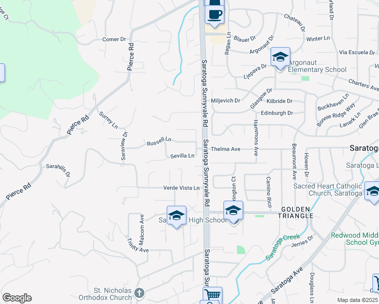 map of restaurants, bars, coffee shops, grocery stores, and more near 20561 Sevilla Lane in Saratoga