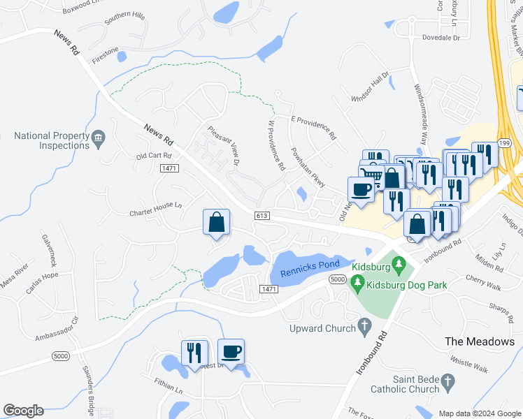 map of restaurants, bars, coffee shops, grocery stores, and more near 4257 Falcon Creek Drive in Williamsburg