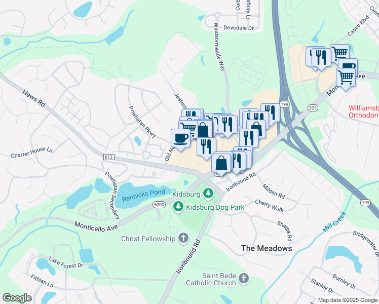 map of restaurants, bars, coffee shops, grocery stores, and more near 4630 Monticello Avenue in Williamsburg