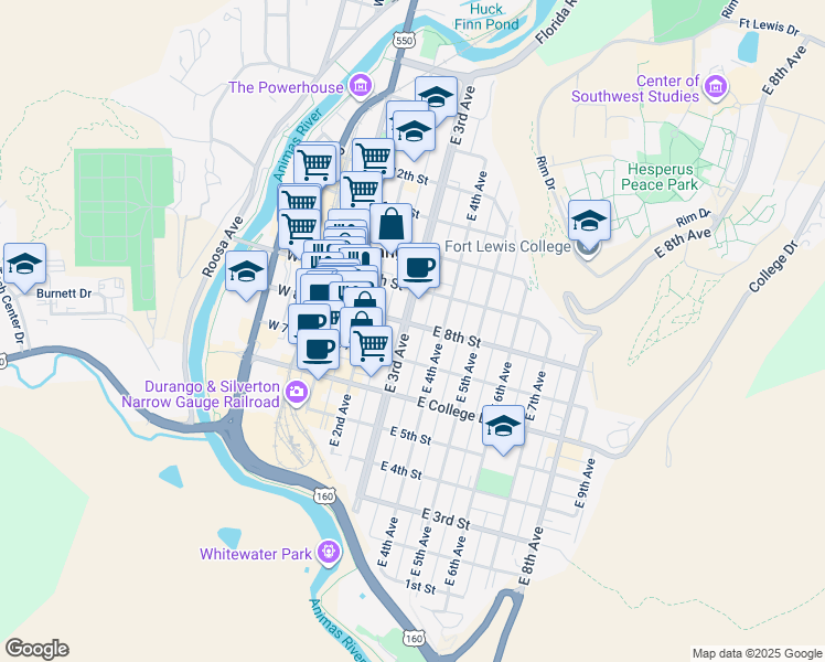 map of restaurants, bars, coffee shops, grocery stores, and more near in Durango