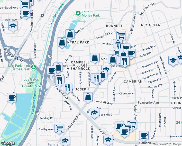 map of restaurants, bars, coffee shops, grocery stores, and more near in San Jose