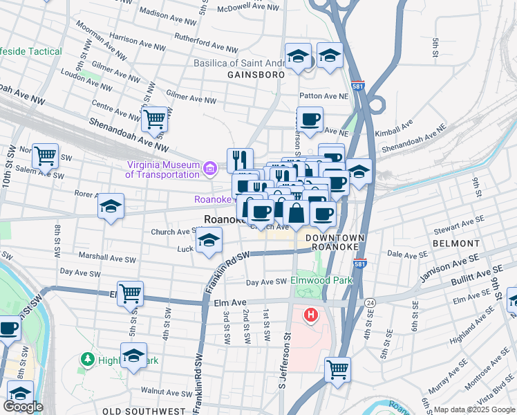 map of restaurants, bars, coffee shops, grocery stores, and more near 101 Campbell Avenue Southeast in Roanoke
